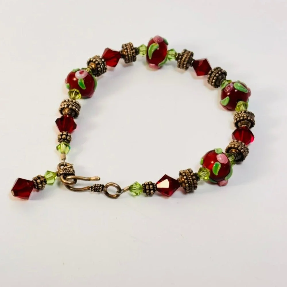 Lampwork Art Glass Bracelet Red Green Floral Boho Whimsygoth Cottagecore